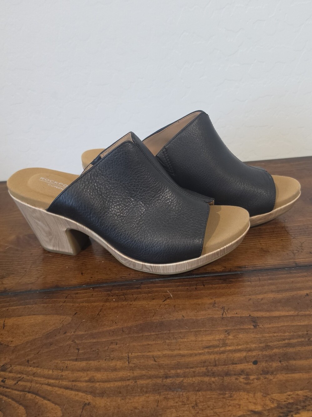 Rockport Black Leather Open-Toe Slide Mule with Tan Wood-Effect Heel